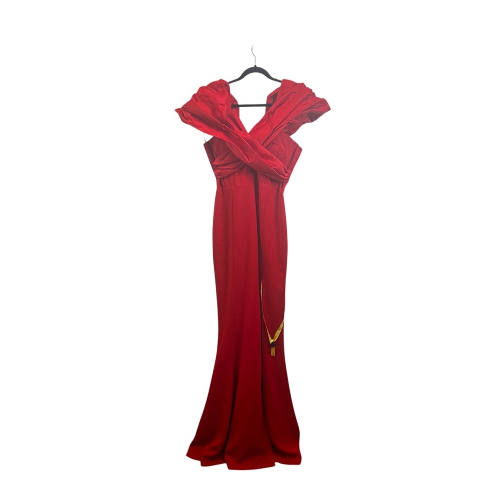 NWT Alieva Presley Crepe Ruffle Shoulder Gown Dress in Red Sz. L - Picture 9 of 15